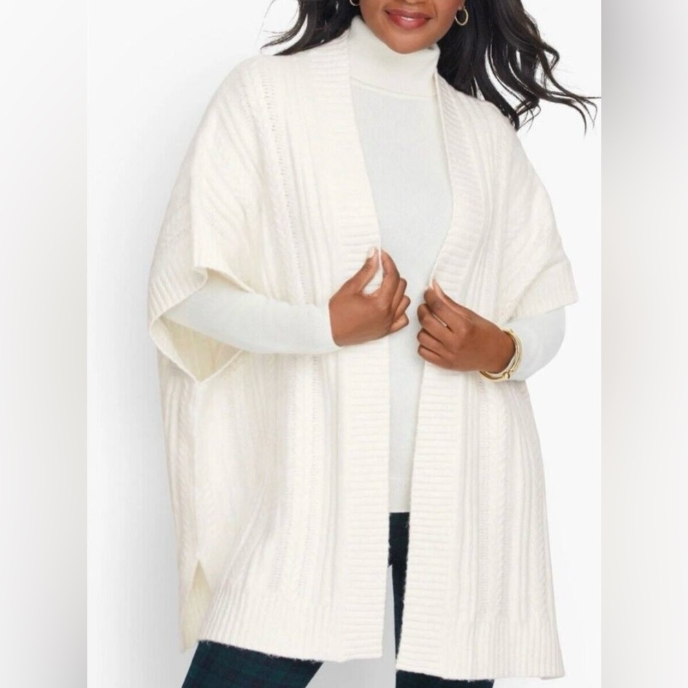 Talbots Ivory Cable Knit Shrug Cardigan Sweater Vest Sz L Oversized Cozy Wool